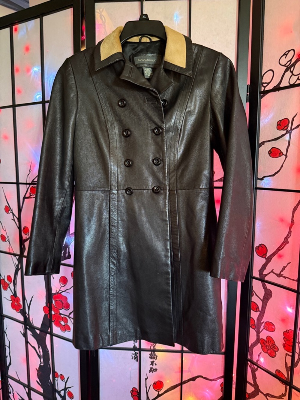 Banana Republic Black Leather Double-Breasted Trench with Tan Fur Collar